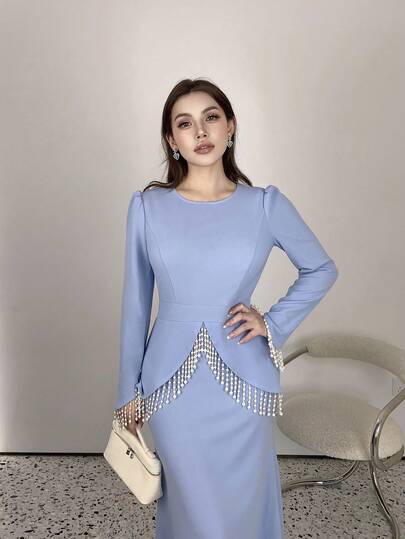 SHEIN Elenzya فستان أنيق رومانسي بخصر مناسب مزين بالخرز والشراريب ذو رقبة دائرية وأكمام طويلة بتصميم A-line للنساء، مناسب للحفلات والمناسبات الرسمية