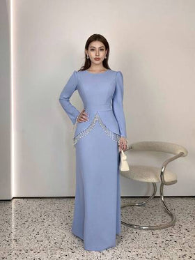 SHEIN Elenzya فستان أنيق رومانسي بخصر مناسب مزين بالخرز والشراريب ذو رقبة دائرية وأكمام طويلة بتصميم A-line للنساء، مناسب للحفلات والمناسبات الرسمية