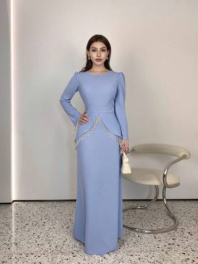SHEIN Elenzya فستان أنيق رومانسي بخصر مناسب مزين بالخرز والشراريب ذو رقبة دائرية وأكمام طويلة بتصميم A-line للنساء، مناسب للحفلات والمناسبات الرسمية