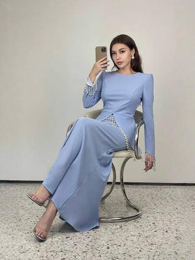 SHEIN Elenzya فستان أنيق رومانسي بخصر مناسب مزين بالخرز والشراريب ذو رقبة دائرية وأكمام طويلة بتصميم A-line للنساء، مناسب للحفلات والمناسبات الرسمية