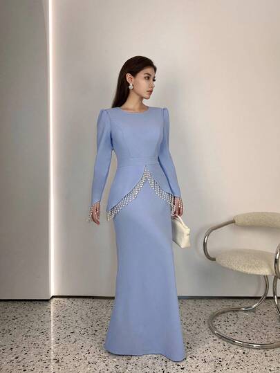 SHEIN Elenzya فستان أنيق رومانسي بخصر مناسب مزين بالخرز والشراريب ذو رقبة دائرية وأكمام طويلة بتصميم A-line للنساء، مناسب للحفلات والمناسبات الرسمية