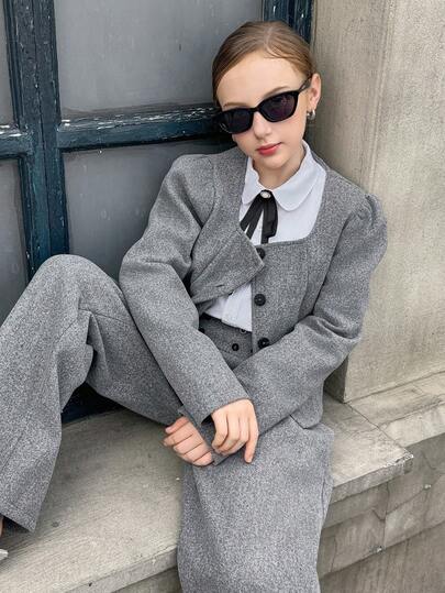 SHEIN مجموعة جاكيت قصيرة صوفية ذات لون واحد مع طوق وتصميم الخصر + بنطلون ذو ساق واسعة لفتيات المراهقات، بأسلوب فرنسي كاجوال أنيق، مناسبة للاستخدام اليومي والتنقل والعطلات في فصلي الخريف والشتاء، قطعتان