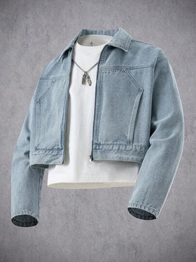 Manfinity Denimwave جاكيت جينز قصيرة كاجوال بأكمام طويلة وياقة منسدلة للرجال باللون الأزرق الفاتح