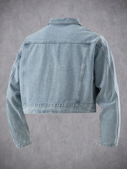 Manfinity Denimwave جاكيت جينز قصيرة كاجوال بأكمام طويلة وياقة منسدلة للرجال باللون الأزرق الفاتح