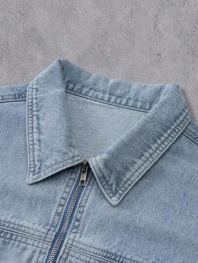 Manfinity Denimwave جاكيت جينز قصيرة كاجوال بأكمام طويلة وياقة منسدلة للرجال باللون الأزرق الفاتح