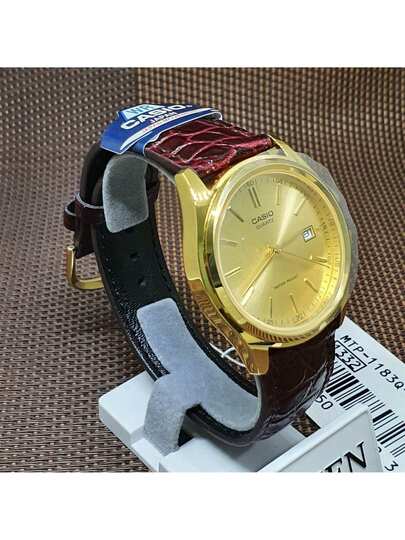 Casio ساعة كاسيو كلاسيكية للرجال، قرص ذهبي مع سوار جلد بني، تصميم كلاسيكي رجعي، ساعة مكتبية للأعمال، هدية للمحترفين