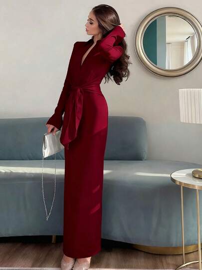 فستان أنيق للنساء بأكمام طويلة وبلون واحد مع طوق، خصر مشدود، وسحاب، للحفلات في فصلي الخريف والشتاء