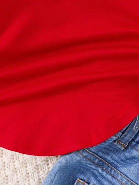 SHEIN بلوزة أساسية محبوكة بياقة مرتفعة مجعدة للفتيات الصغيرات، لون أحمر مناسب للارتداء اليومي والمدرسة في فصلي الخريف والشتاء، متناسقة مع الأم
