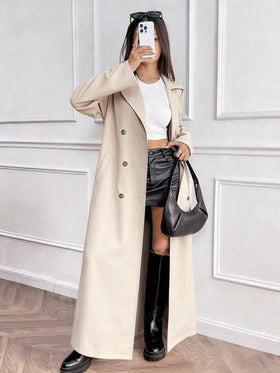 EMERY ROSE معطف طويل كاجوال أنيق بتصميم مبسط وفضفاض، بأكمام طويلة وأزرار مزدوجة وحزام، لون رمادي فاتح، مناسب للربيع/الخريف/الشتاء