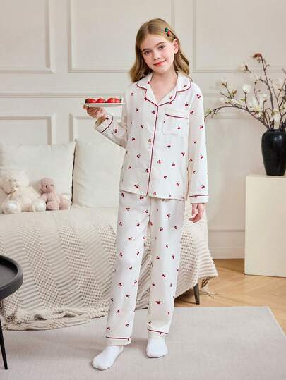 SHEIN طقم قميص بأزرار وطبعة الكرز للبنات