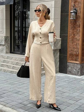 SHEIN Frenchy طقم ملابس علوية وبنطلون بأكمام طويلة ذات لون أحادي بتصميم بسيط، ملابس كاجوال للاستخدام اليومي