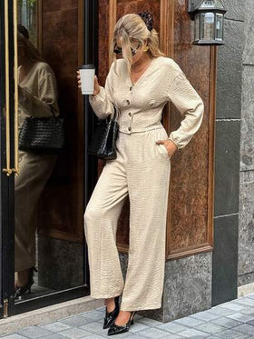 SHEIN Frenchy طقم ملابس علوية وبنطلون بأكمام طويلة ذات لون أحادي بتصميم بسيط، ملابس كاجوال للاستخدام اليومي