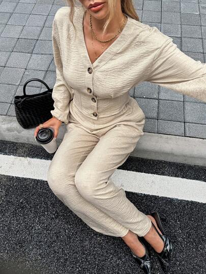 SHEIN Frenchy طقم ملابس علوية وبنطلون بأكمام طويلة ذات لون أحادي بتصميم بسيط، ملابس كاجوال للاستخدام اليومي