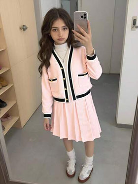 Elladie kids مجموعة من 2 قطعة: جاكيت بأكمام طويلة مع تريم متباين وتنورة مطوية للفتيات المراهقات