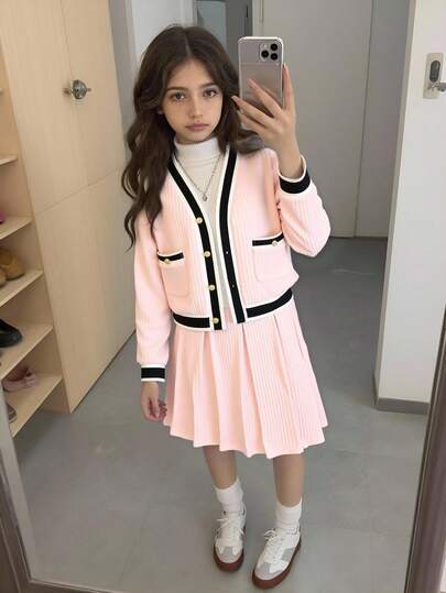 Elladie kids مجموعة من 2 قطعة: جاكيت بأكمام طويلة مع تريم متباين وتنورة مطوية للفتيات المراهقات
