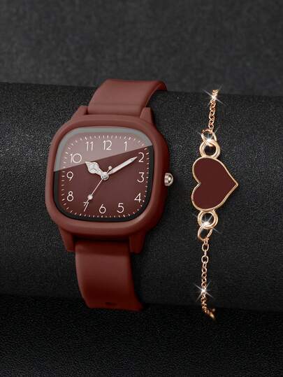 4 قطع/مجموعة ساعة نسائية كوارتز من السيليكون بعقارب مربعة، كلاسيكية + سوار بشكل قلب (الساعة غير مضمنة في المجموعة)