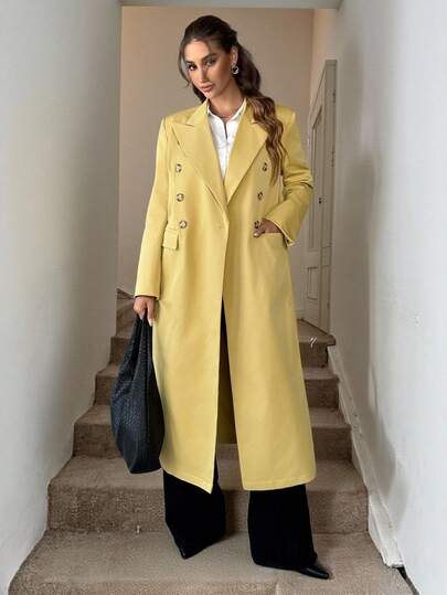 SHEIN LUNE معطف طويل مريح للنساء مع جيوب، بأسلوب مرتاح وغير رسمي، للخريف/الشتاء، باللون الأصفر