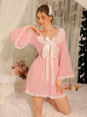 DelicateAllure قميص نوم نسائي من الشيفون والدانتيل ذو أكمام واسعة