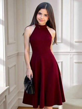 SHEIN فستان حفلة للمراهقات بياقة حلقية مضفر بدون أكمام وخصر مربوط على شكل خط A، لون أحمر ، للكريسماس ورأس السنة