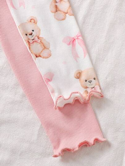 SHEIN مجموعة بنطلون وبلوزة كاجوال للبنات المراهقات بطبعة زهور صغيرة وتريم متباين، 2 قطعة/مجموعة، وردي وأصفر فاتح