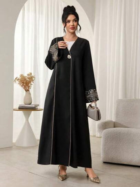 Al Najma عباءة عربية أنيقة فضفاضة مطرزة بتطريز ملون بأكمام طويلة باللون الأسود