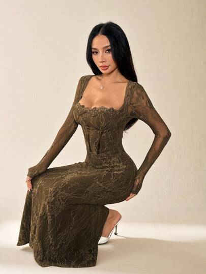 SHEIN PETITE فستان ماكسي أسود ضيق للجسم بياقة مربعة وأكمام طويلة من الدانتيل على شكل S مثير للحفلات والمناسبات الصيفية الجديد للنساء
