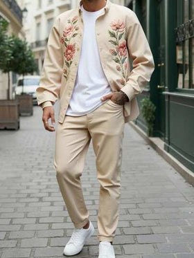 Manfinity NXTstreet بدلة رجالية كاجوال مكونة من قميص وبنطلون مطبوع بطبعة زهرية للخريف