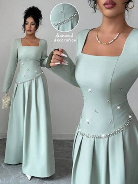 SHEIN Elenzya فستان شتوي أنيق للنساء بتصميم من الراين الأخضر، مناسب للمواعيد والحفلات والتجمعات