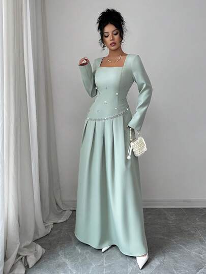 SHEIN Elenzya فستان شتوي أنيق للنساء بتصميم من الراين الأخضر، مناسب للمواعيد والحفلات والتجمعات