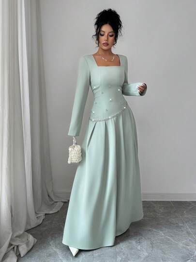 SHEIN Elenzya فستان شتوي أنيق للنساء بتصميم من الراين الأخضر، مناسب للمواعيد والحفلات والتجمعات