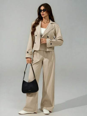 SHEIN Tall بدلة كاجوال مكونة من جاكيت وبنطلون ذات ياقة قلابة وأكمام طويلة مزدوجة الصدر، لون أحادي، مناسبة للخريف