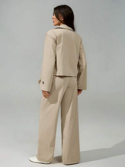 SHEIN Tall بدلة كاجوال مكونة من جاكيت وبنطلون ذات ياقة قلابة وأكمام طويلة مزدوجة الصدر، لون أحادي، مناسبة للخريف