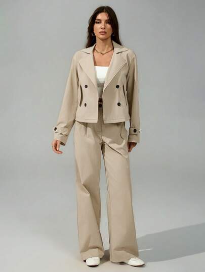 SHEIN Tall بدلة كاجوال مكونة من جاكيت وبنطلون ذات ياقة قلابة وأكمام طويلة مزدوجة الصدر، لون أحادي، مناسبة للخريف