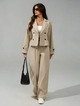 SHEIN Tall بدلة كاجوال مكونة من جاكيت وبنطلون ذات ياقة قلابة وأكمام طويلة مزدوجة الصدر، لون أحادي، مناسبة للخريف
