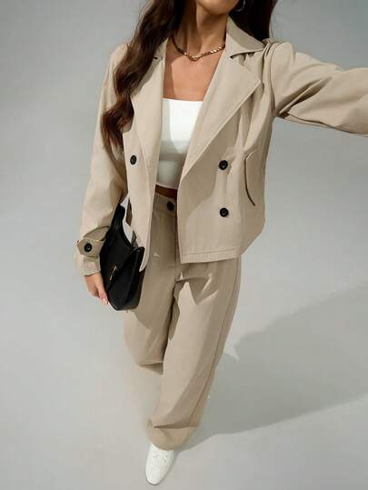 SHEIN Tall بدلة كاجوال مكونة من جاكيت وبنطلون ذات ياقة قلابة وأكمام طويلة مزدوجة الصدر، لون أحادي، مناسبة للخريف