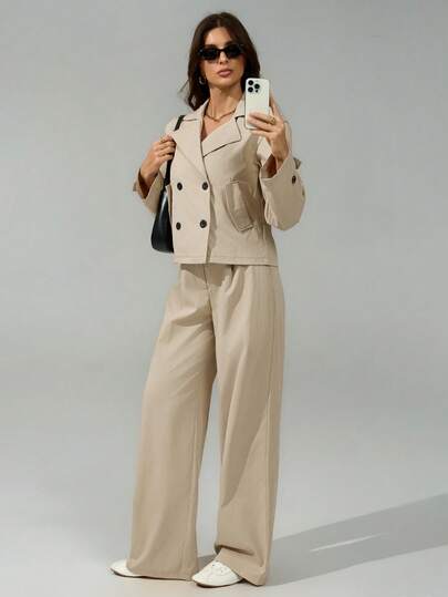 SHEIN Tall بدلة كاجوال مكونة من جاكيت وبنطلون ذات ياقة قلابة وأكمام طويلة مزدوجة الصدر، لون أحادي، مناسبة للخريف
