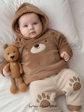 Cozy Pixies مجموعة من قميص ثقيل بياقة طاقم بأكمام طويلة وبنطال بخصر مطاطي مبطن للأطفال الصبيان بنمط الدب الكرتوني