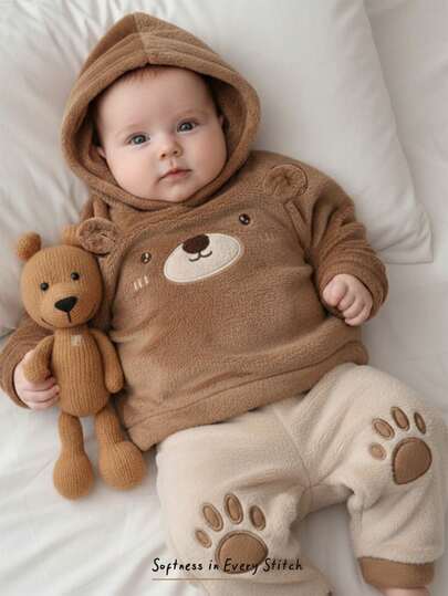 Cozy Pixies مجموعة من قميص ثقيل بياقة طاقم بأكمام طويلة وبنطال بخصر مطاطي مبطن للأطفال الصبيان بنمط الدب الكرتوني