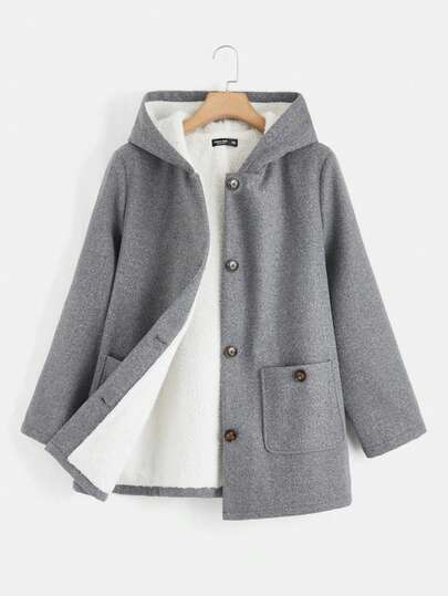 SHEIN EZwear معطف مزود بغطاء وجيبين أمامي بأزرار للخريف/الشتاء
