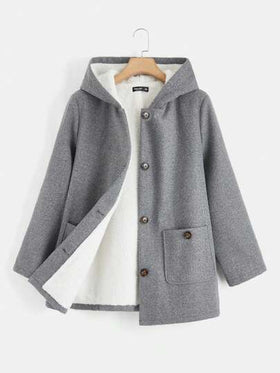 SHEIN EZwear معطف مزود بغطاء وجيبين أمامي بأزرار للخريف/الشتاء