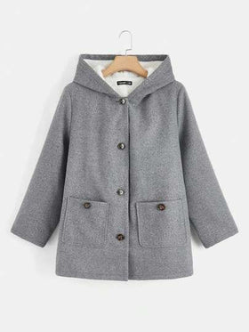SHEIN EZwear معطف مزود بغطاء وجيبين أمامي بأزرار للخريف/الشتاء