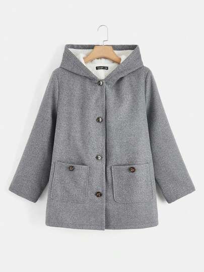 SHEIN EZwear معطف مزود بغطاء وجيبين أمامي بأزرار للخريف/الشتاء