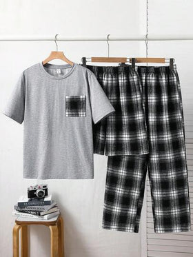 SHEIN 3 قطعة/مجموعة ملابس علوية كم قصير بتصميم مربعات رمادي بسيط للمراهقين، بنطلون مربعات، شورت مربعات، ملابس كاجوال مريحة للمدرسة، قماش ناعم متعدد الاستخدامات للارتداء اليومي، المدرسة، الخروجات، الرياضة الخارجية، العطلات، المنزل
