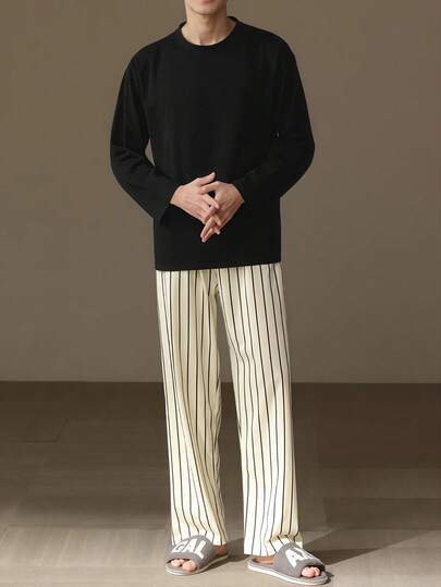 AICJ مجموعة بيجامة رجالية كاجوال فضفاضة، ملابس علوية برقبة دائرية بأكمام طويلة مع جيب، بنطلون مخطط جانبي، قماش مُحبك، مناسب للحفلات والمنزل والسفر في الربيع/الخريف/الشتاء