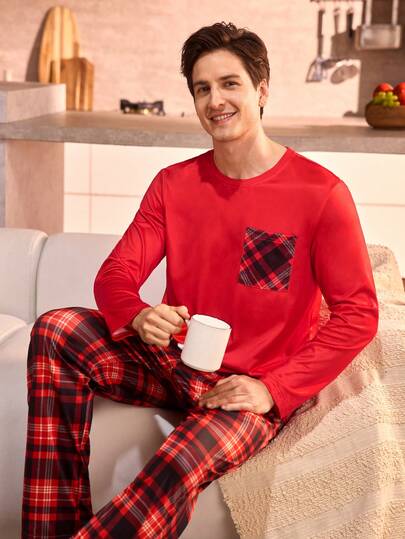 Manfinity Underwear&Sleepwear Basics بدلة بيجاما رجالية كبيرة الحجم بطبعة مربعات مع ملابس علوية بياقة طاقم وأكمام طويلة وبنطلون