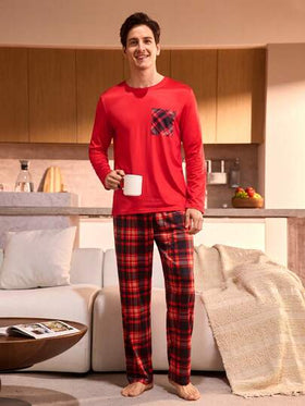 Manfinity Underwear&Sleepwear Basics بدلة بيجاما رجالية كبيرة الحجم بطبعة مربعات مع ملابس علوية بياقة طاقم وأكمام طويلة وبنطلون
