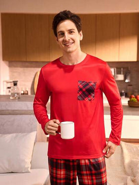Manfinity Underwear&Sleepwear Basics بدلة بيجاما رجالية كبيرة الحجم بطبعة مربعات مع ملابس علوية بياقة طاقم وأكمام طويلة وبنطلون