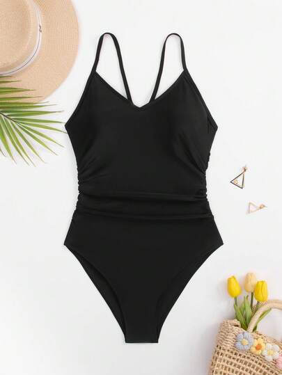Swim Basics بدلة سباحة قطعة واحدة للنساء ذات حمالات رفيعة وتجاعيد مناسبة للشكل، لون أحادي مناسبة للعطلات الصيفية والشاطئ
