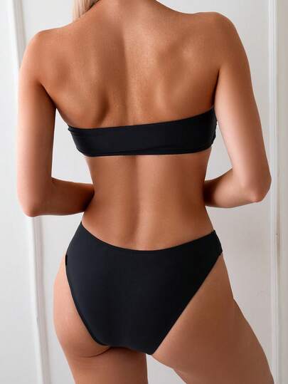 Swim Basics مجموعة بيكيني جذابة للنساء بدون حمالات، بلون صلب وتصميم مطوي للصيف والشاطئ
