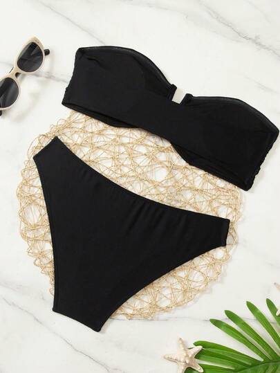 Swim Basics مجموعة بيكيني جذابة للنساء بدون حمالات، بلون صلب وتصميم مطوي للصيف والشاطئ